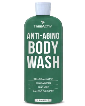 TreeActiv Anti-Aging Exfoliating Body Wash, 8oz, All Natural Body Wash Women and Men, Exfoliating Body scrub Infused with Jojoba Beads, Sulfur, and Aloe Vera - Shower Gel For All Skin Types - 50 Uses