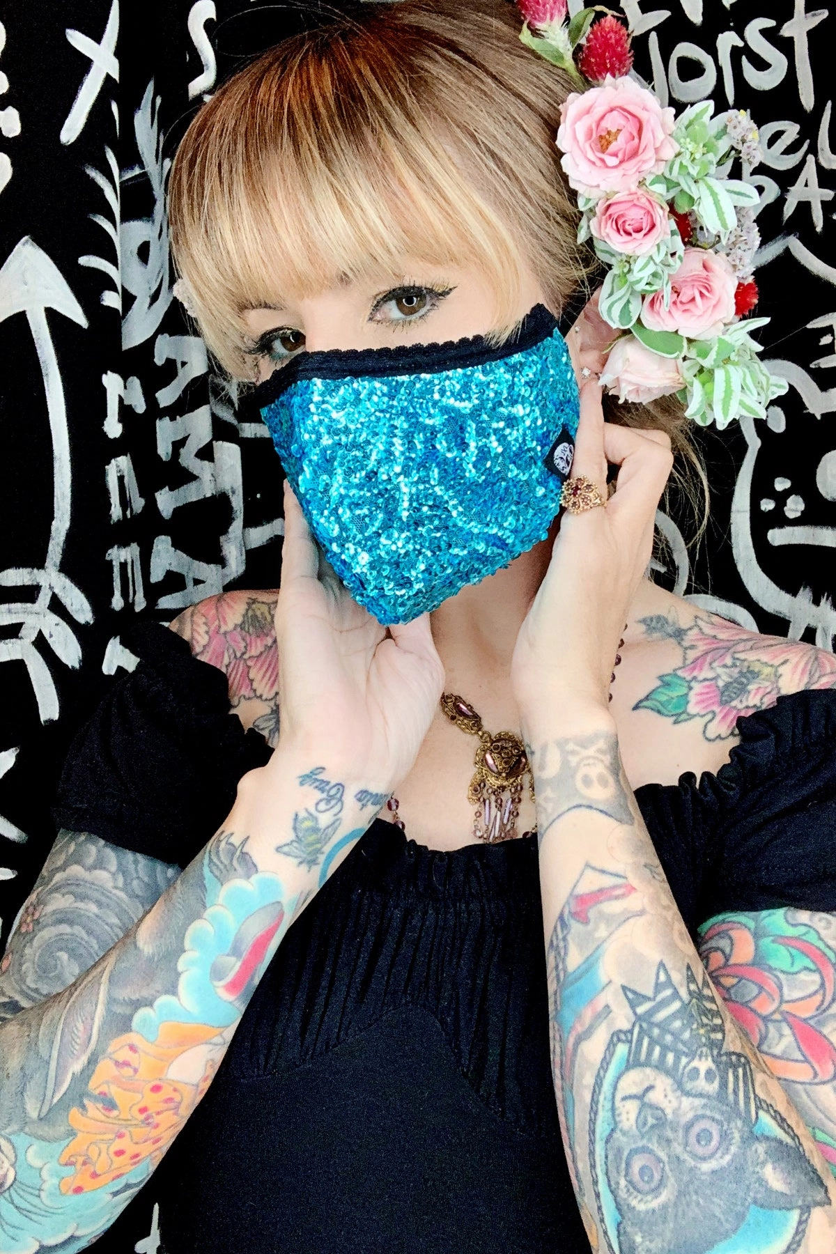 Turquoise Sequin Mask