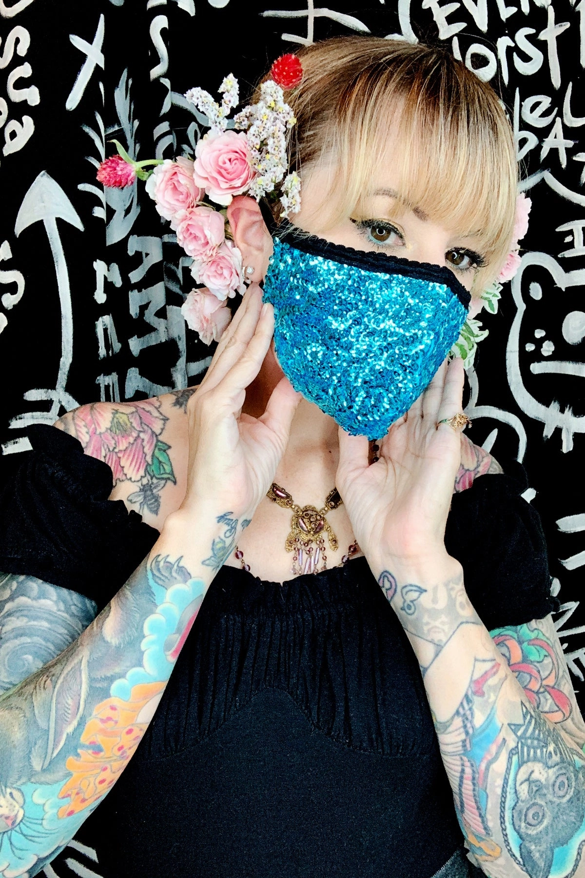 Turquoise Sequin Mask