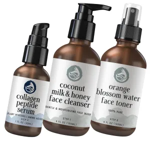 Ultimate Radiance Skincare Bundle: Peptide Collagen Serum, Coconut Milk & Honey Cleanser, and Orange Blossom Water Toner