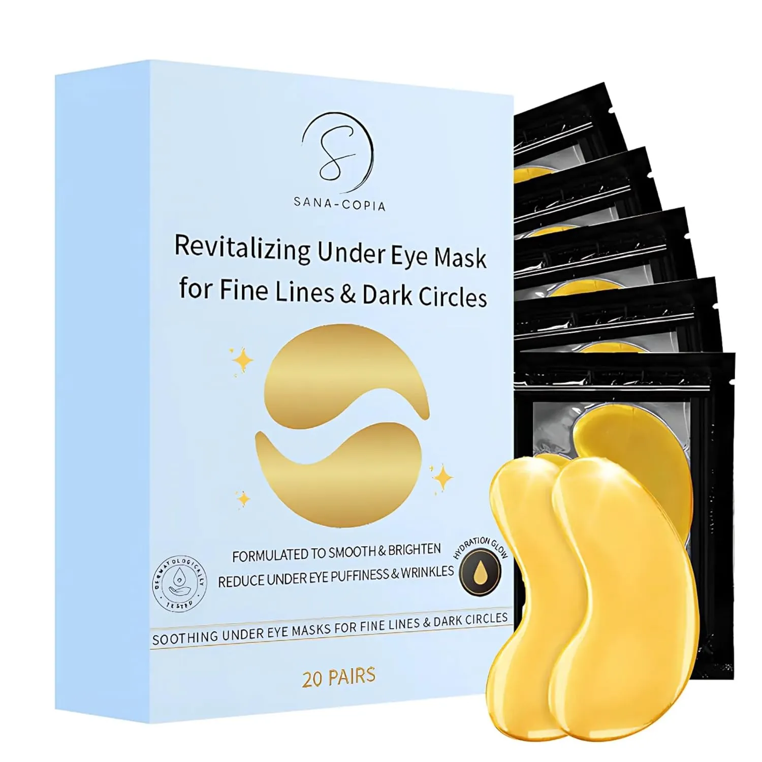Under Eye Masks - Hydrating Eye Patches for Puffy Eyes & Wrinkles - Anti-Aging, Brightening, Vegan & Clean Beauty - Reduce Undereye Bags & Dark Circles for Women & Men - 20 Pairs (Gold)