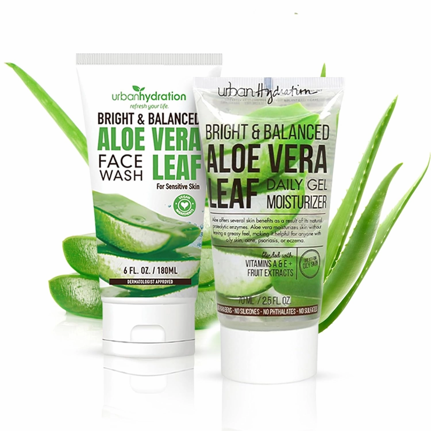 Urban Hydration Aloe Face Wash & Gel Moisturizer Bundle | Hydrating, Acne-Fighting, Lightweight, Smooth Skin | For All Skin Types | Bright & Balanced Skincare Duo | 6oz   2.5oz