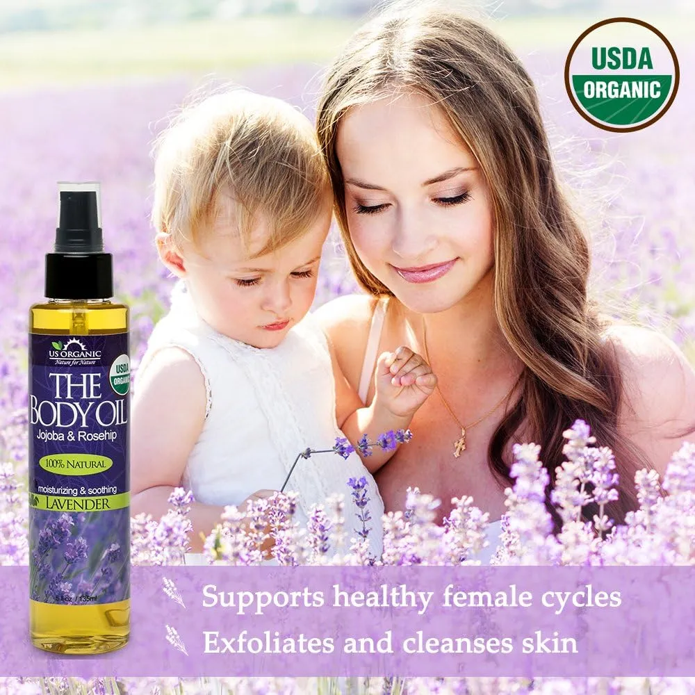 US Organic Body Oil - Elegant Lavender - Jojoba and Rosehip Oil with Vitamin E, Certified Organic, No Alcohol, Paraben, Artificial Detergents, Color or Synthetic perfumes, 5 Fl.oz. (Lavender)