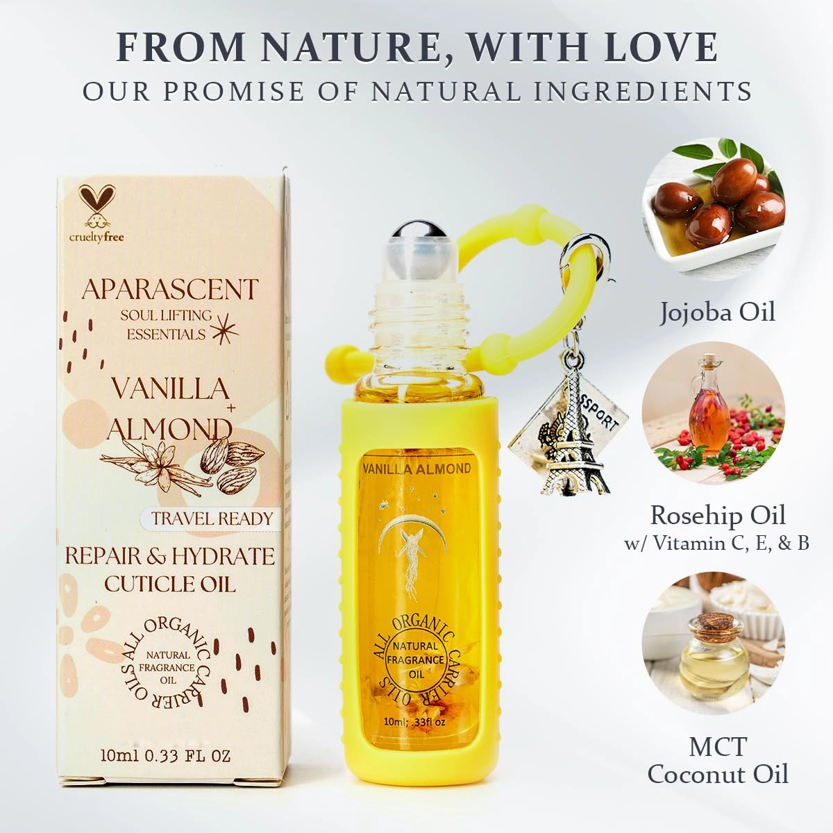 Vanilla Almond Repair & Hydrate Cuticle & Nail Oil for Growth and Strength Serum w/Coconut MCT, Jojoba & Rosehip for Dry Nails, Nail Hardener for Damaged Nails - Bag Charms for Handbags