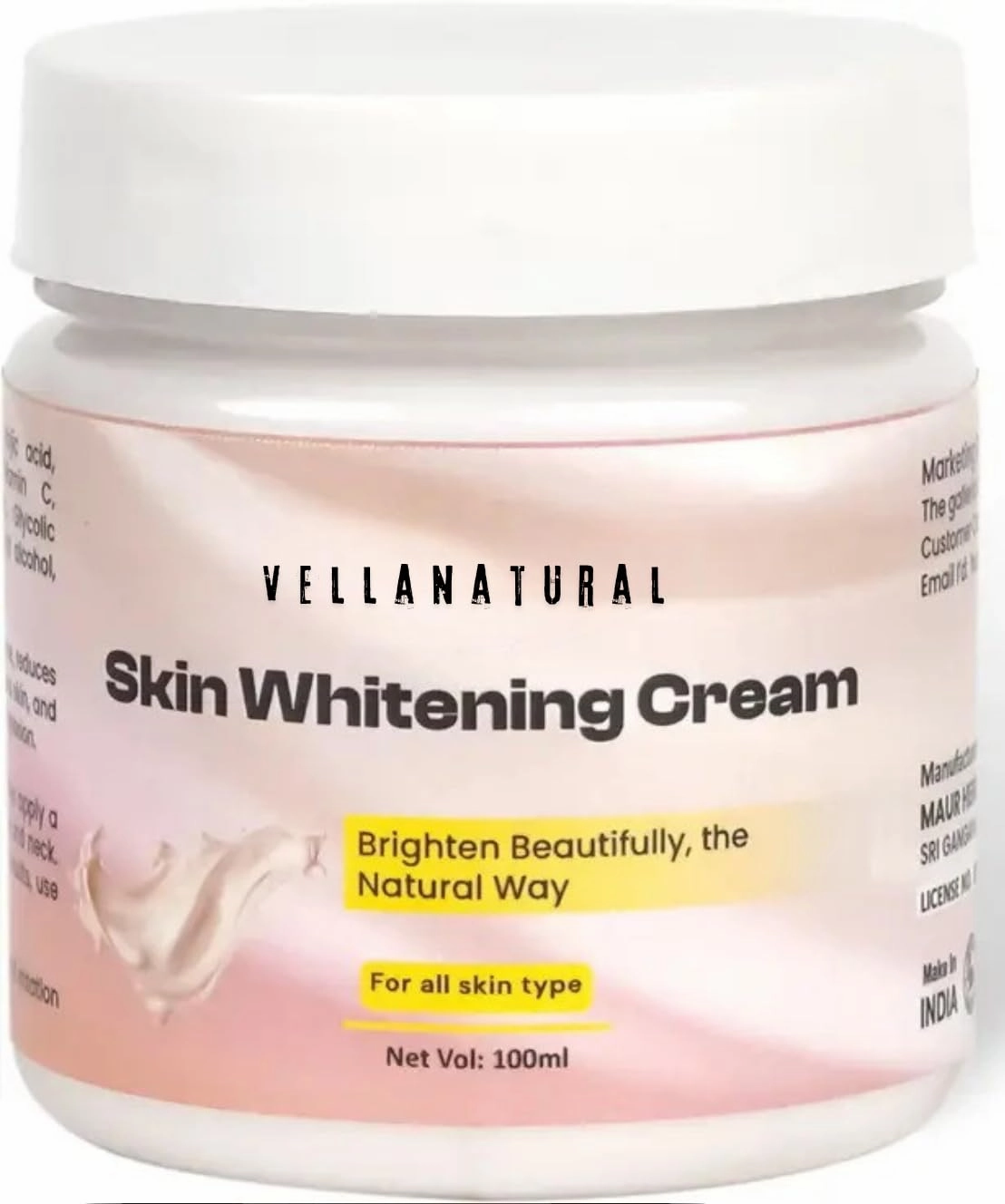Vellanatural Skin Whitening Cream Aqua, Aloe Vera, Glycerin, Cucumber Extract, Bilberry Extract, Licorice Extract 100ml (3.38 Fl Oz)