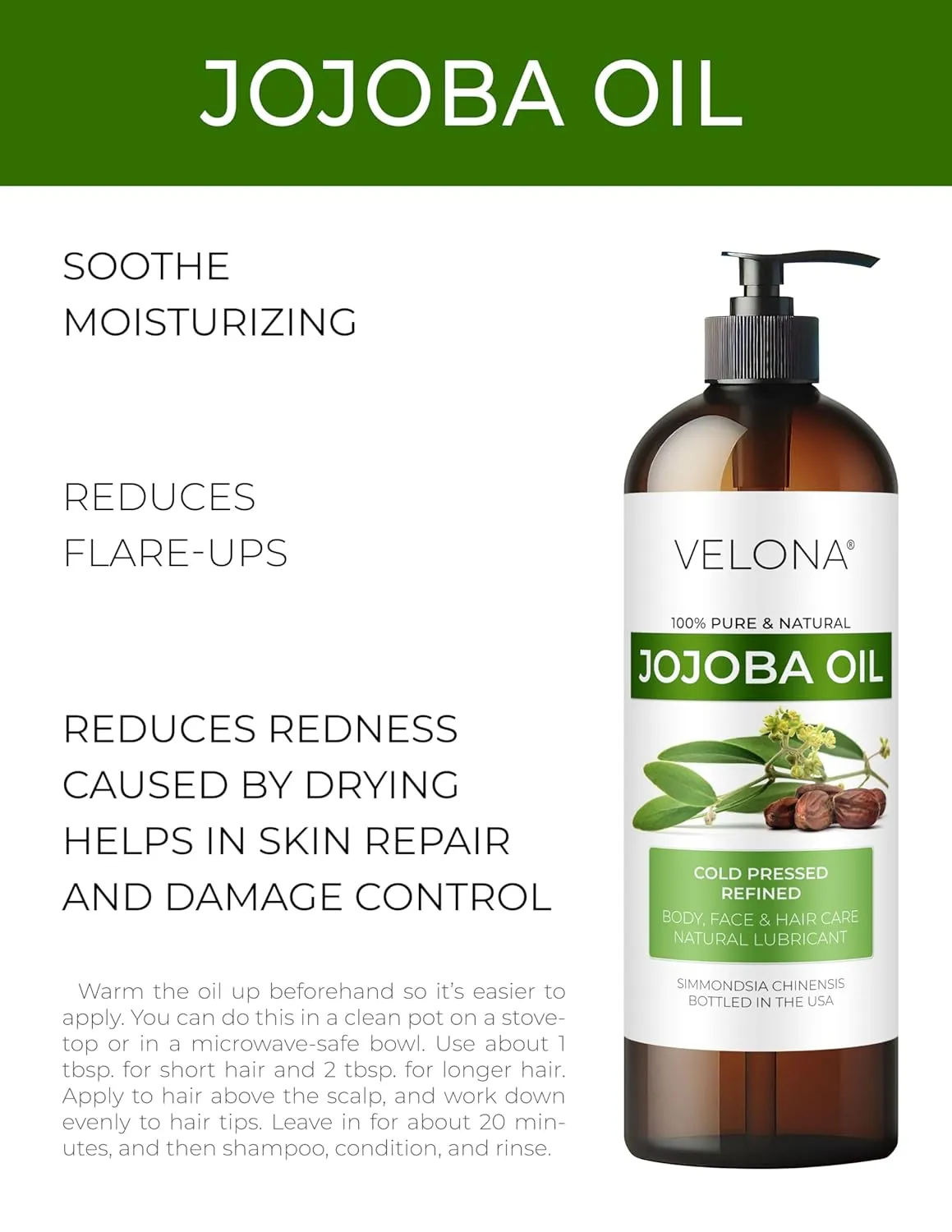 velona Jojoba Oil 16 fl oz | 100% Pure and Natural Carrier Oil | Clear, Refined, Cold Pressed | Moisturizing Face, Hair, Body and Skin Care | Use Today - Enjoy Results