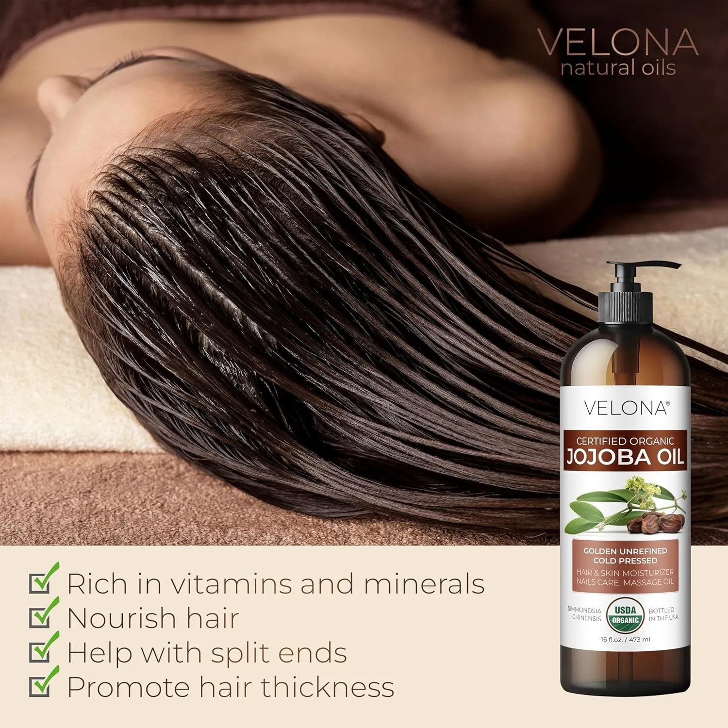 velona Jojoba Oil USDA Certified Organic - 16 fl oz (With Pump) | 100% Pure and Natural | Golden, Unrefined, Cold Pressed, Hexane Free | Moisturizing Face, Hair, Body, Skin Care