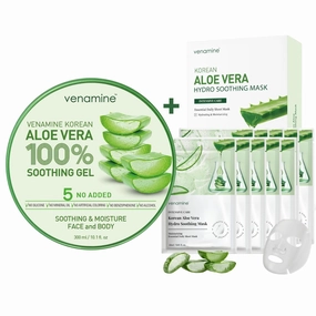 VENAMINE Korean Skin Care Bundle 100% Aloe Vera Soothing Gel 300ml   Aloe Vera Hydro Soothing Mask Pack 10 – Calming, Hydrating, and Refreshing for Sensitive & All Skin Types