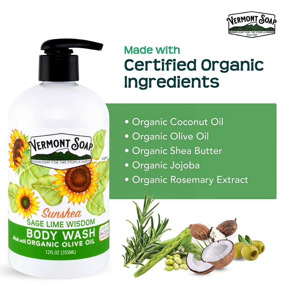 VERMONT SOAP Body Wash, Natural Body Wash with Shea Butter, Mild Gel Body Wash for Moisturizing and Soothing Skin, Fragrance Free Body Wash for Women & Men (Sage Lime Wisdom, 12oz)