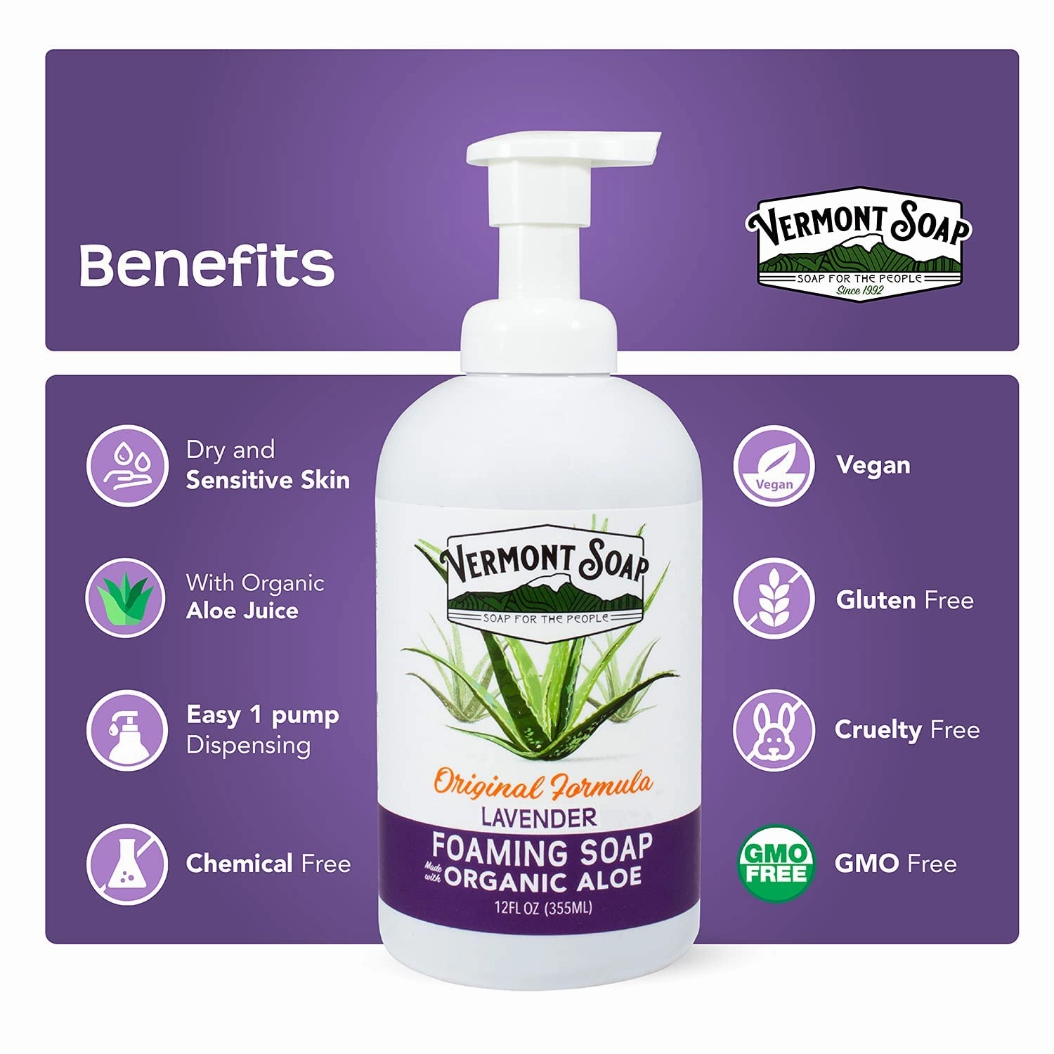 VERMONT SOAP Organic Lavender Foaming Hand Soap - Natural Moisturizing Soap for Dry Skin - Fragrance Free Liquid Bathroom Hand Soap Dispenser - Lavender - 12 oz