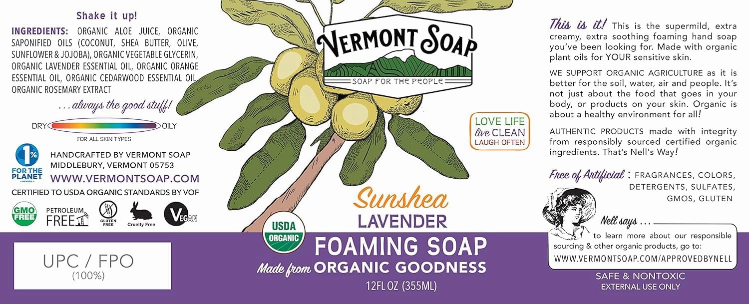 VERMONT SOAP Organic Lavender Foaming Hand Soap - Natural Moisturizing Soap for Dry Skin - Fragrance Free Liquid Bathroom Hand Soap Dispenser - Lavender - 12 oz