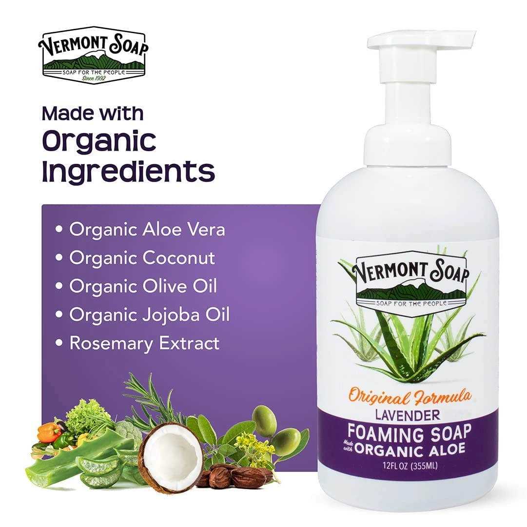 VERMONT SOAP Organic Lavender Foaming Hand Soap - Natural Moisturizing Soap for Dry Skin - Fragrance Free Liquid Bathroom Hand Soap Dispenser - Lavender - 12 oz
