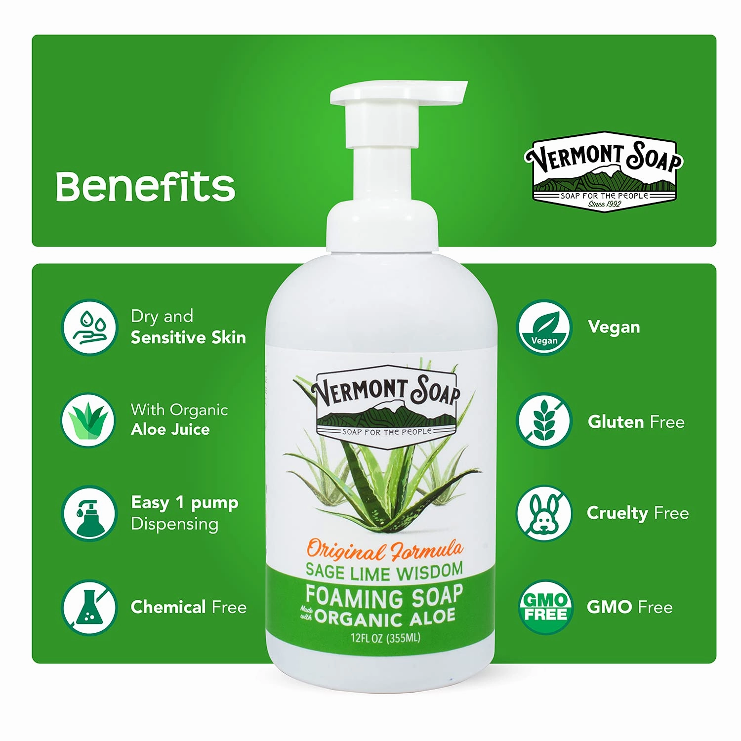 VERMONT SOAP Organic Sage Lime Wisdom Foaming Hand Soap - Natural Moisturizing Soap for Dry Skin - Fragrance Free Liquid Bathroom Hand Soap Dispenser - Sage Lime Wisdom - 12 oz