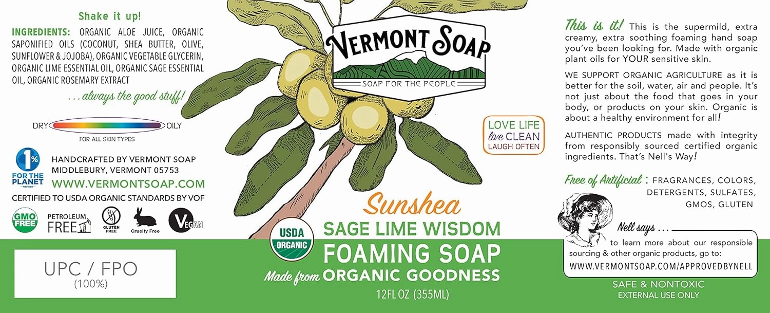 VERMONT SOAP Organic Sage Lime Wisdom Foaming Hand Soap - Natural Moisturizing Soap for Dry Skin - Fragrance Free Liquid Bathroom Hand Soap Dispenser - Sage Lime Wisdom - 12 oz