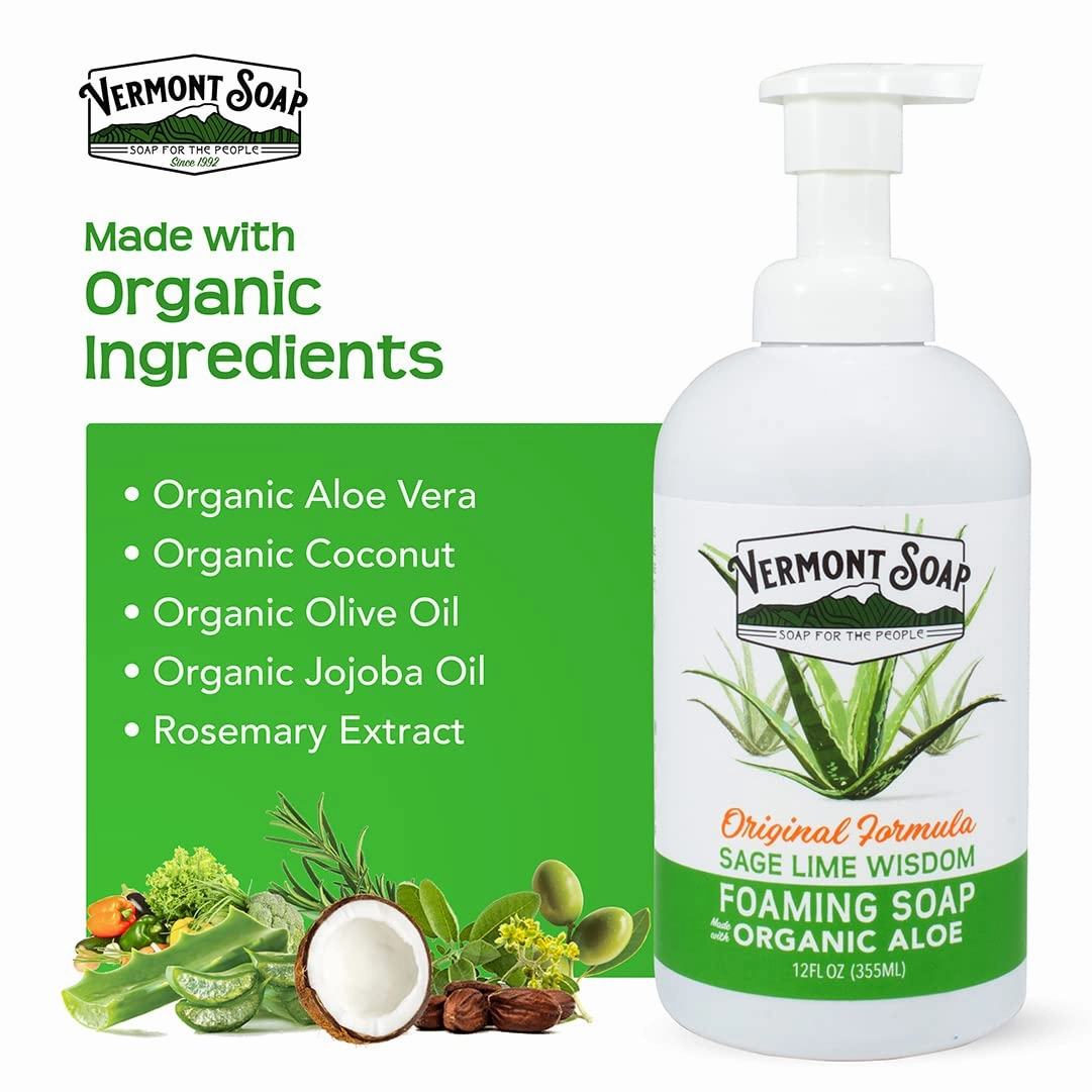 VERMONT SOAP Organic Sage Lime Wisdom Foaming Hand Soap - Natural Moisturizing Soap for Dry Skin - Fragrance Free Liquid Bathroom Hand Soap Dispenser - Sage Lime Wisdom - 12 oz