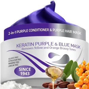 VITAMINS hair cosmetics Keratin Purple Hair Mask - Violet Blue Protein Deep Conditioner Treatment - Toner for Blonde Platinum Silver Gray Ash or Brown Colored Dry and Damaged Brassy Hair