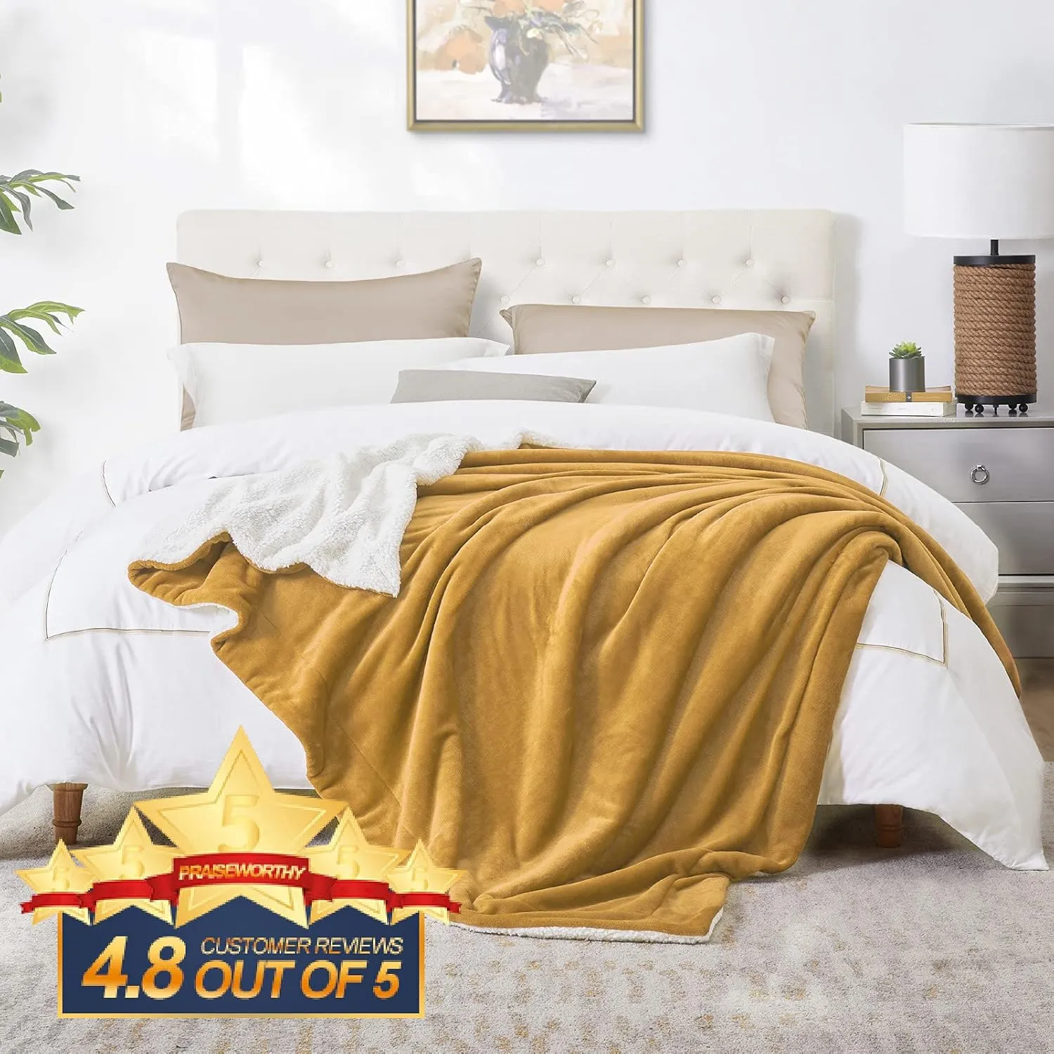 Walensee Sherpa Fleece Blanket (Throw Size 50”x60” Honey Gold) Plush Throw Fuzzy Super Soft Reversible Microfiber Flannel Blankets for Couch, Bed, Sofa Ultra Luxurious Warm and Cozy for All Seasons