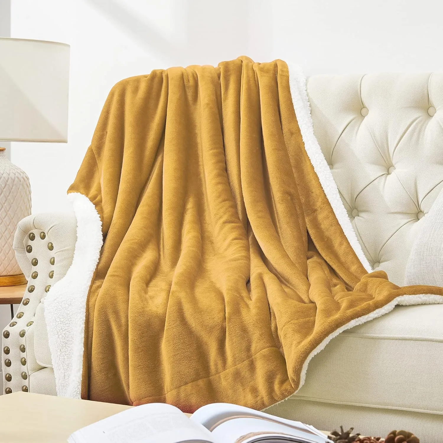 Walensee Sherpa Fleece Blanket (Throw Size 50”x60” Honey Gold) Plush Throw Fuzzy Super Soft Reversible Microfiber Flannel Blankets for Couch, Bed, Sofa Ultra Luxurious Warm and Cozy for All Seasons