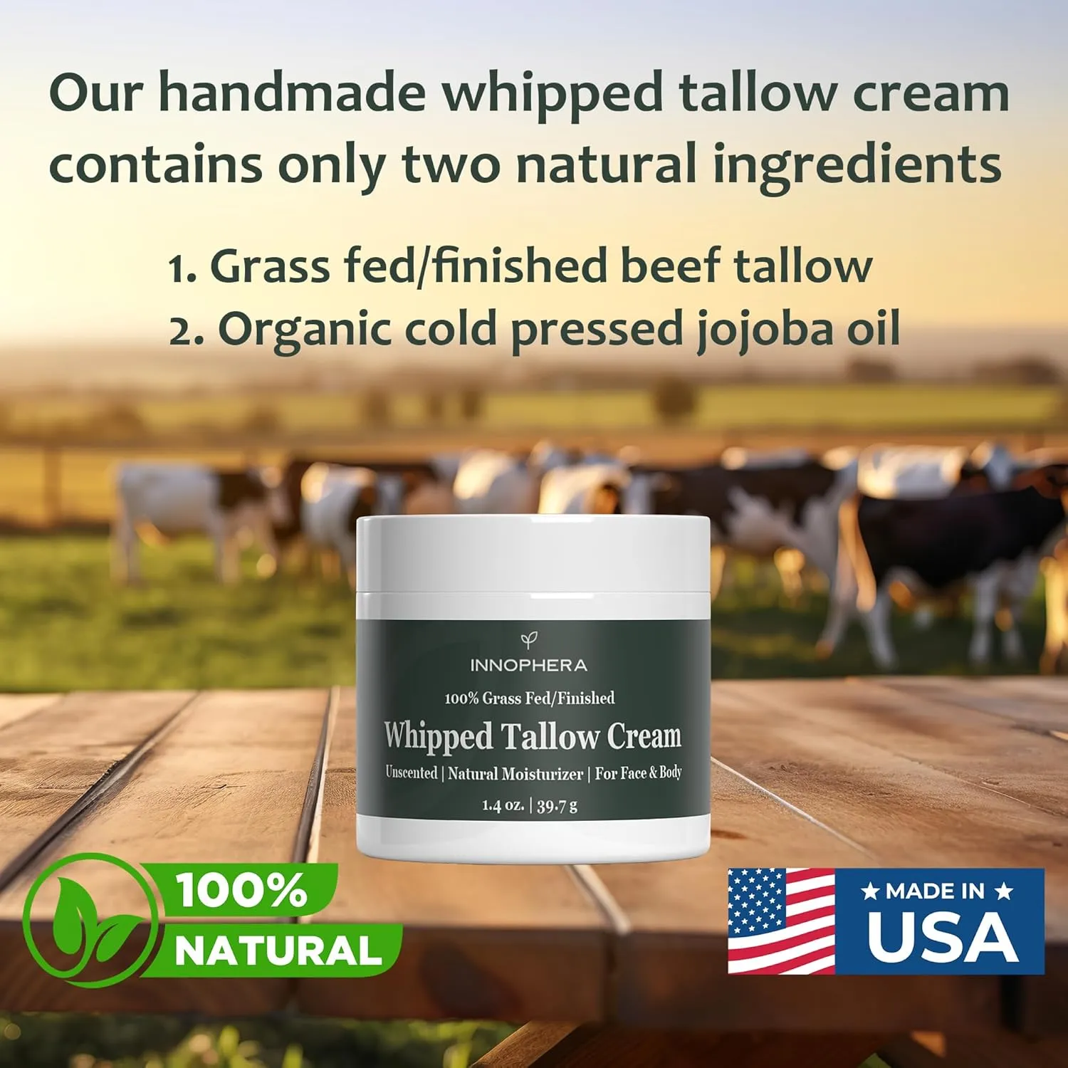Whipped Beef Tallow Cream for Skin Care ‒ Grass Fed & Grass Finished ‒ 100% Natural Moisturizer for Sensitive Skin ‒ Handmade Face & Body Lotion ‒ Unscented & Odorless ‒ 1.4 oz.