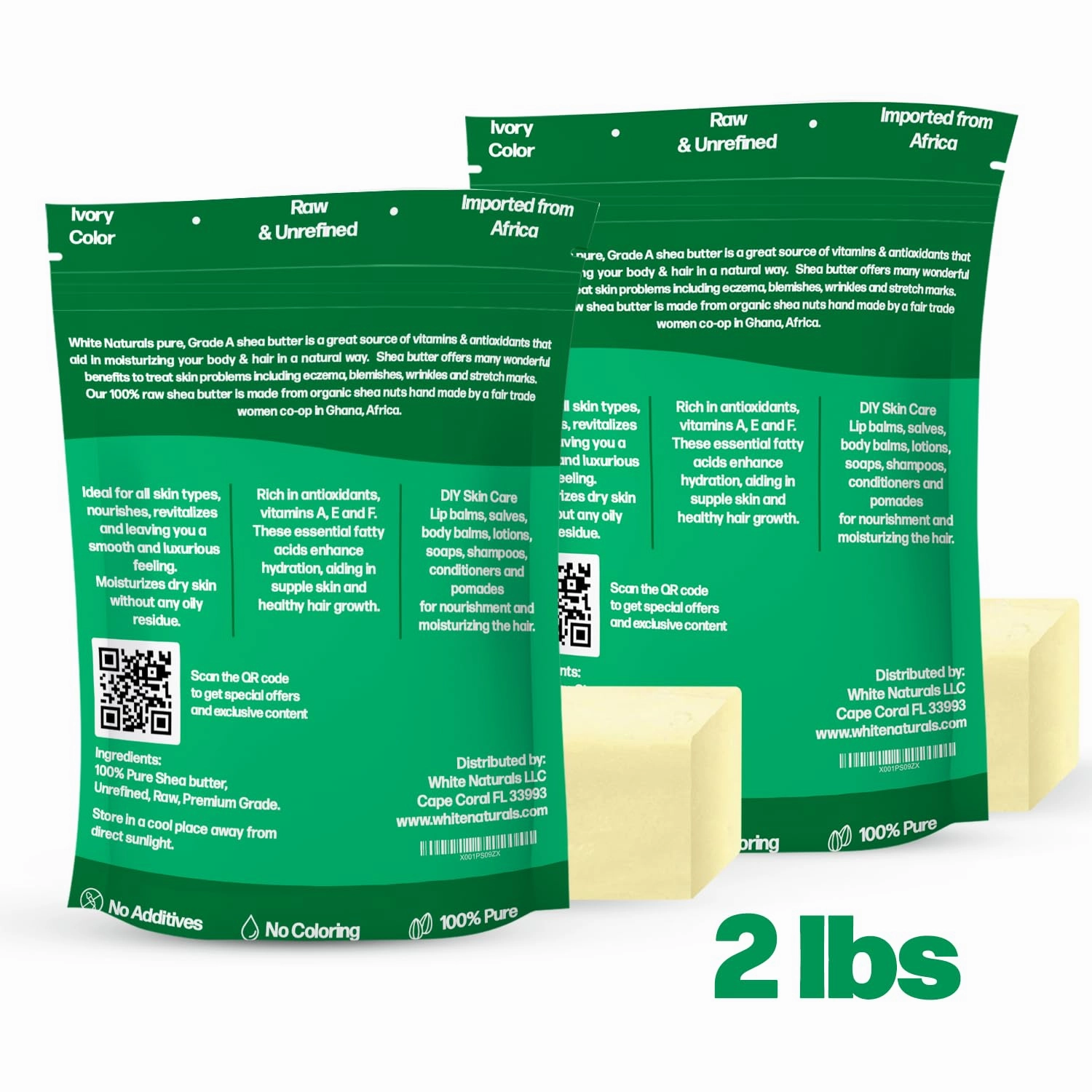 White Naturals Raw African Shea Butter 2lb (1lb in each bag), Pure, Unrefined, Grade A, Ivory, Great Skin Moisturizer, DIY Lip Balms, Stretch Marks, Recover Sun Damage, Cream & More