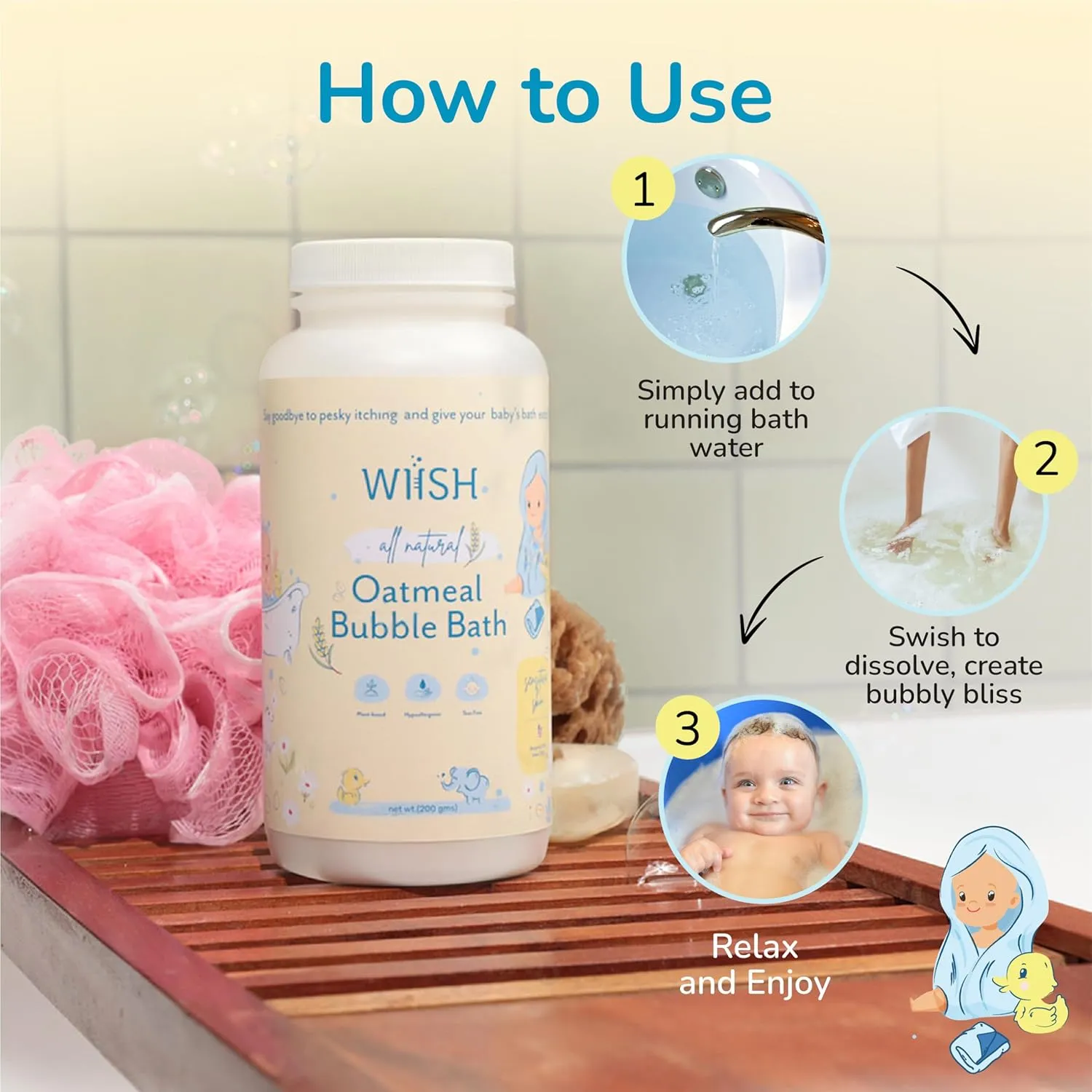 WIISH Baby Oatmeal Bubble Bath - Baby Bubble Bath for Sensitive Skin with 30% Colloidal Oatmeal | Aloe vera powder   Lavender powder Healing Ingredient, soothing Itchiness, Rashes, Dryness 16 oz(260g)
