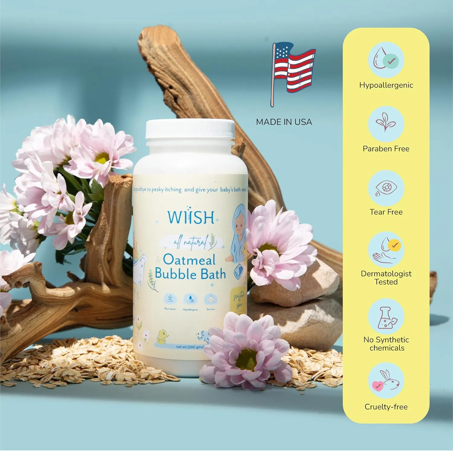 WIISH Baby Oatmeal Bubble Bath - Baby Bubble Bath for Sensitive Skin with 30% Colloidal Oatmeal | Aloe vera powder   Lavender powder Healing Ingredient, soothing Itchiness, Rashes, Dryness 16 oz(260g)