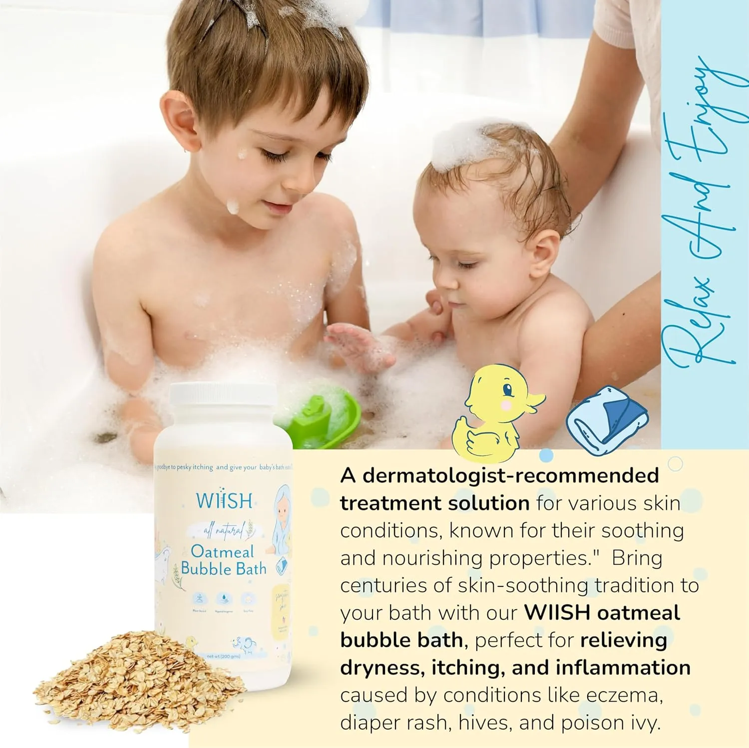WIISH Baby Oatmeal Bubble Bath - Baby Bubble Bath for Sensitive Skin with 30% Colloidal Oatmeal | Aloe vera powder   Lavender powder Healing Ingredient, soothing Itchiness, Rashes, Dryness 16 oz(260g)