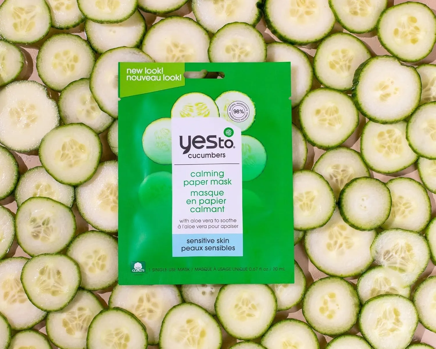 Yes To Cucumbers Calming Paper Face Mask, Sensitive Skin, Aloe Vera, 0.67 fl oz, Hydrating and Soothing with 98% Natural Ingredients, Easy-to-Use Sheet Masks