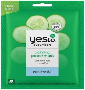Yes To Cucumbers Calming Paper Face Mask, Sensitive Skin, Aloe Vera, 0.67 fl oz, Hydrating and Soothing with 98% Natural Ingredients, Easy-to-Use Sheet Masks