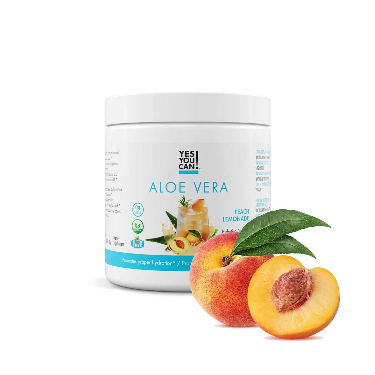 Yes You Can! Organic Aloe Vera Powder Drink Mix - Hydration Booster Infused with Pure Aloe Juice - Delicious Flavors - Made in USA - Antioxidant Rich - Peach Lemonade Flavor - 40 Servings Per Canister
