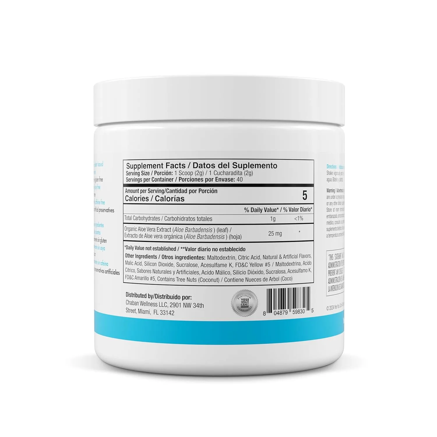 Yes You Can! Organic Aloe Vera Powder Drink Mix - Hydration Booster Infused with Pure Aloe Juice - Delicious Flavors - Made in USA - Antioxidant Rich - Peach Lemonade Flavor - 40 Servings Per Canister