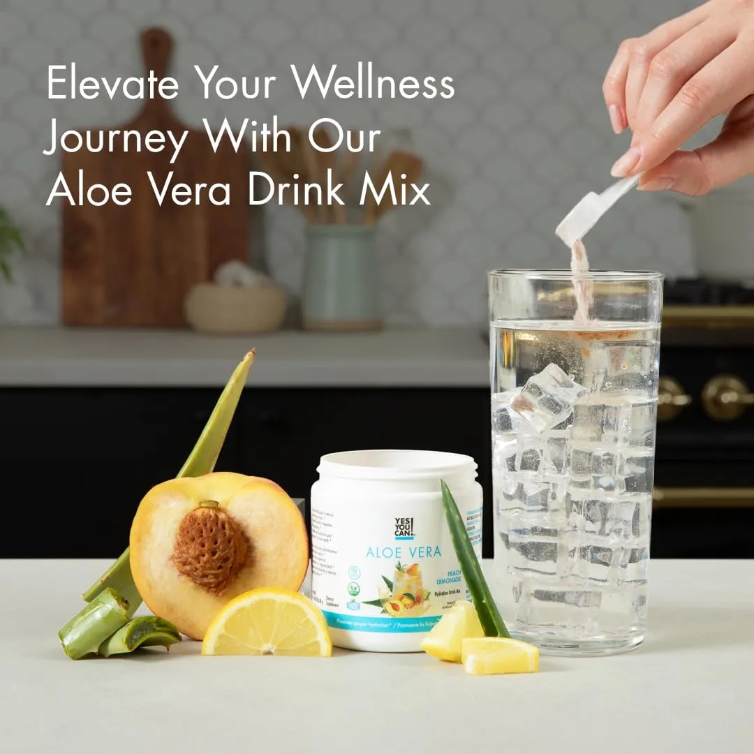 Yes You Can! Organic Aloe Vera Powder Drink Mix - Hydration Booster Infused with Pure Aloe Juice - Delicious Flavors - Made in USA - Antioxidant Rich - Peach Lemonade Flavor - 40 Servings Per Canister