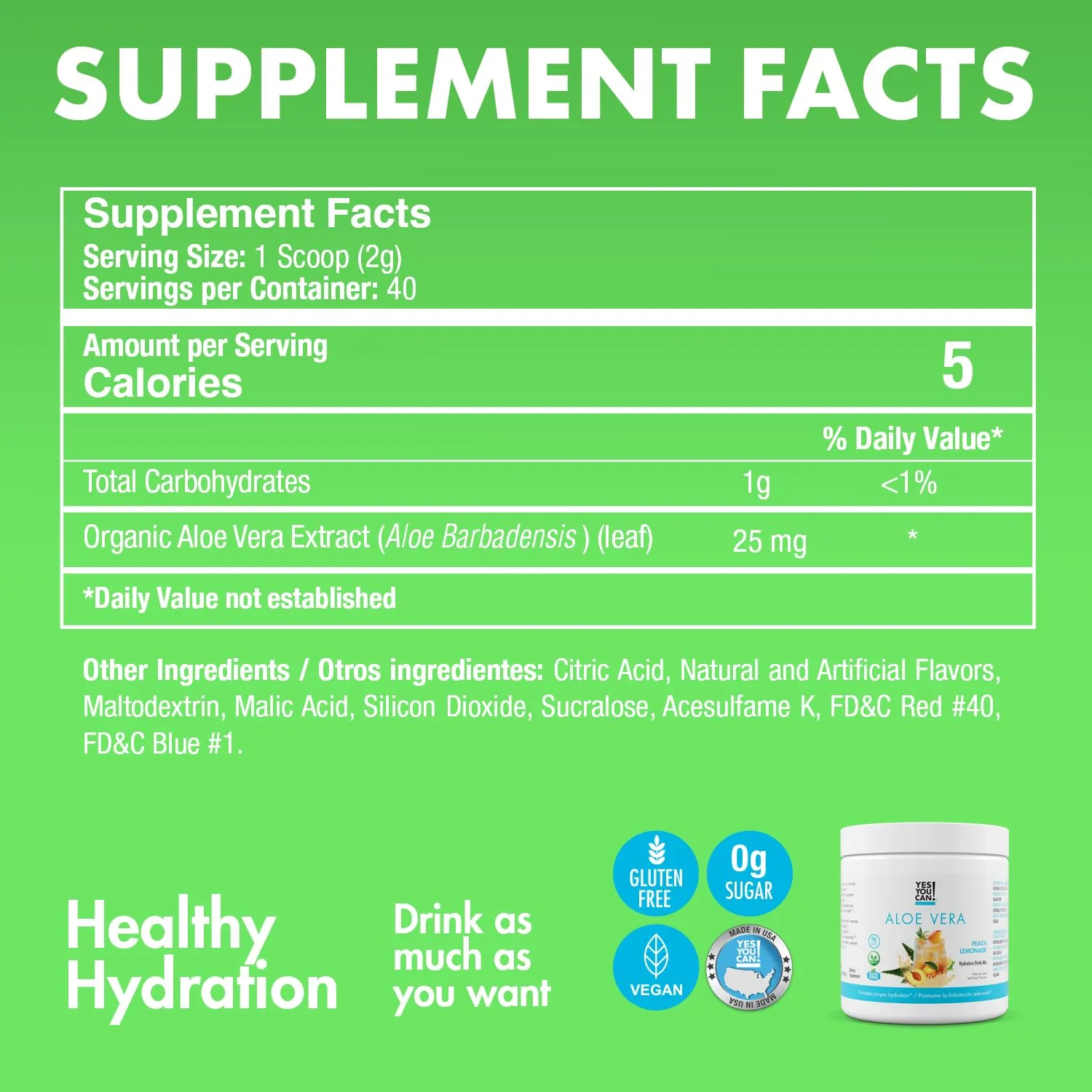 Yes You Can! Organic Aloe Vera Powder Drink Mix - Hydration Booster Infused with Pure Aloe Juice - Delicious Flavors - Made in USA - Antioxidant Rich - Peach Lemonade Flavor - 40 Servings Per Canister