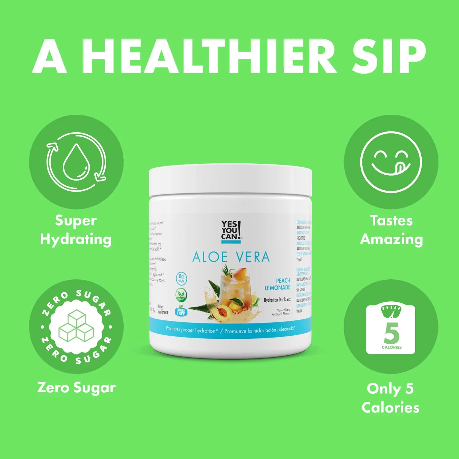 Yes You Can! Organic Aloe Vera Powder Drink Mix - Hydration Booster Infused with Pure Aloe Juice - Delicious Flavors - Made in USA - Antioxidant Rich - Peach Lemonade Flavor - 40 Servings Per Canister