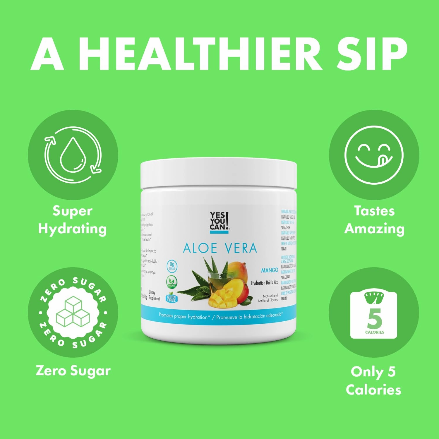 Yes You Can! Organic Aloe Vera Powder Drink Mix - Hydration Booster Infused with Pure Aloe Juice - Delicious Flavors - Made in USA - Antioxidant Rich - Mango Flavor - 40 Servings Per Canister (2 Pack)