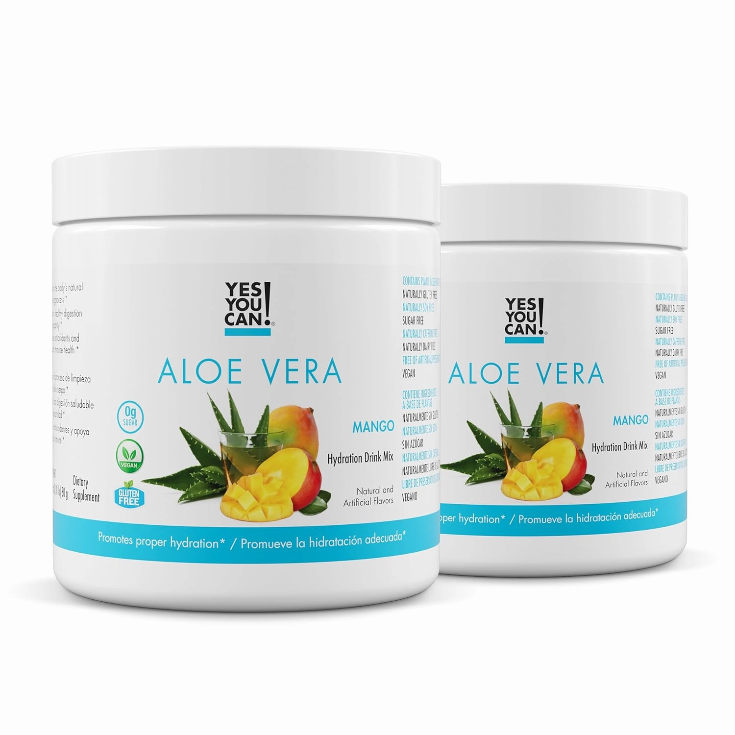 Yes You Can! Organic Aloe Vera Powder Drink Mix - Hydration Booster Infused with Pure Aloe Juice - Delicious Flavors - Made in USA - Antioxidant Rich - Mango Flavor - 40 Servings Per Canister (2 Pack)