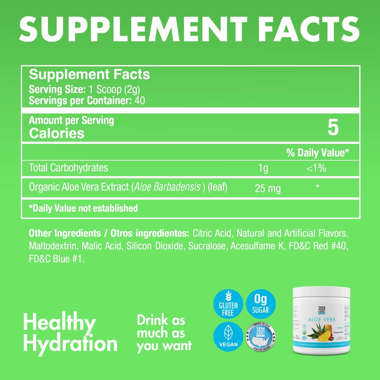 Yes You Can! Organic Aloe Vera Powder Drink Mix - Hydration Booster Infused with Pure Aloe Juice - Delicious Flavors - Made in USA - Antioxidant Rich - Mango Flavor - 40 Servings Per Canister (2 Pack)