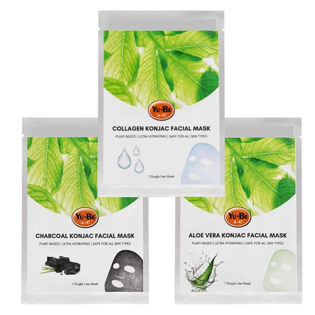 Yu-Be Facial Mask Variety Pack - Plant-Based Konjac Sheet Masks Soothe, Plump, & Hydrate Face | Reduces Appearance of Scars, Dark Spots, & Wrinkles | Aloe Vera, Collagen, & Bamboo Charcoal - 3 Sheets