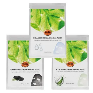 Yu-Be Facial Mask Variety Pack - Plant-Based Konjac Sheet Masks Soothe, Plump, & Hydrate Face | Reduces Appearance of Scars, Dark Spots, & Wrinkles | Aloe Vera, Collagen, & Bamboo Charcoal - 3 Sheets