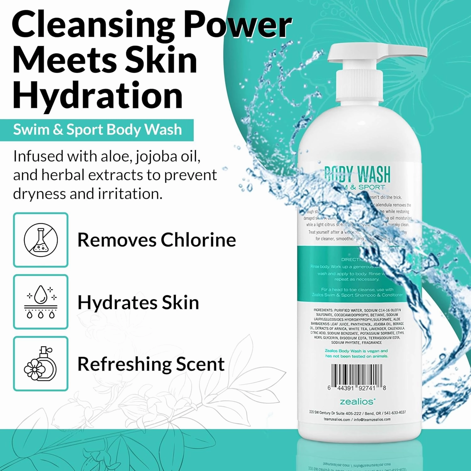 Zealios Swim & Sport Body Wash for Swimmers & Athletes 32oz Skin Care Solution for Men & Women, Removes Chlorine, Sweat & Odor, Provides Cleansing and Hydration from Pool Chemicals, Light Citrus Scent