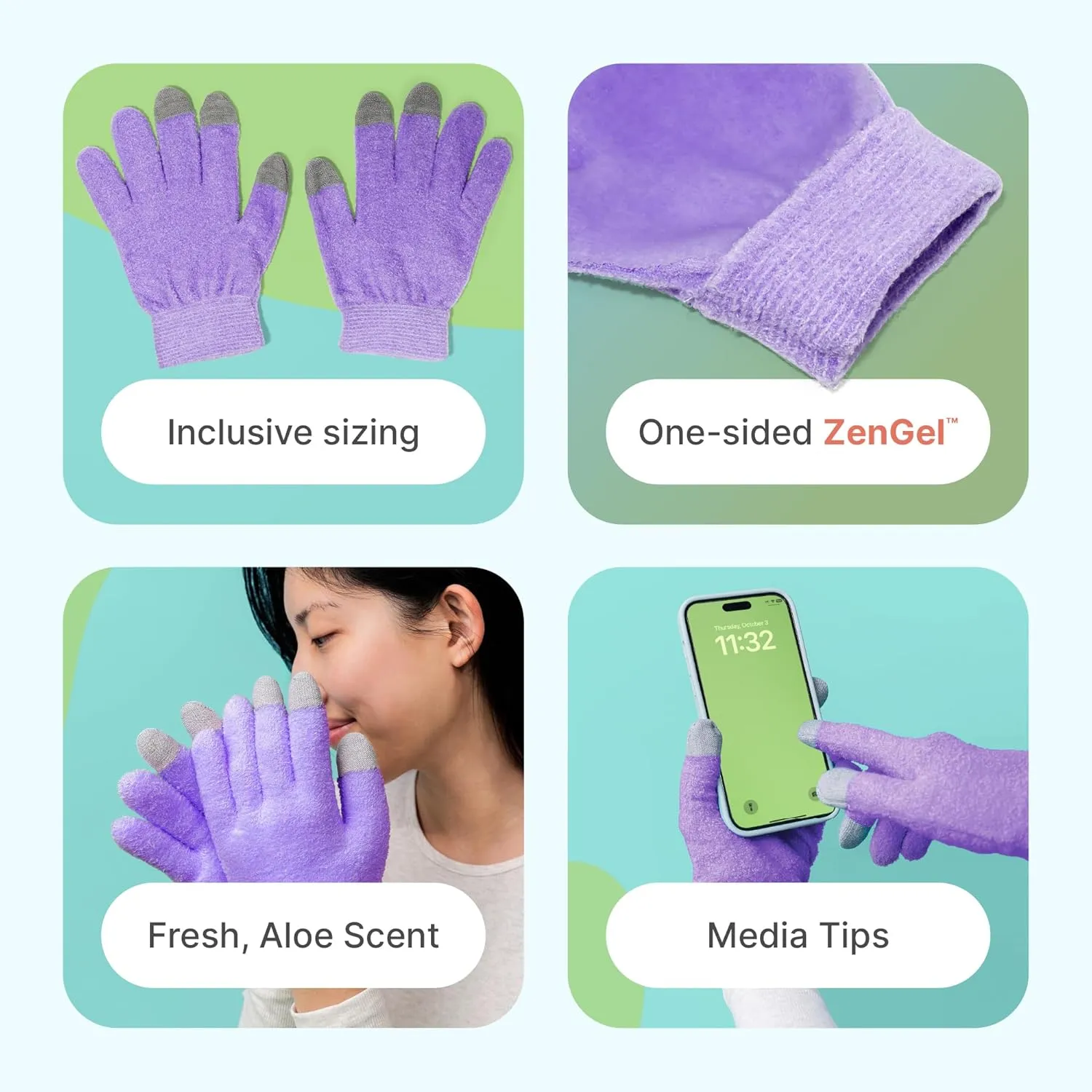 ZenToes Moisturizing Gloves for Dry Hands and Eczema, Gel Infused with Jojoba Seed Oil, Olive Oil and Vitamin E, Overnight Hand Moisturizer (OSFM, Fuzzy Lilac with Media Tips)