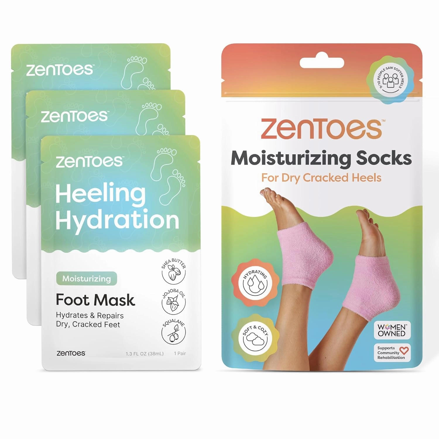 ZenToes Foot Care Bundle – Moisturizing Foot Masks with Shea Butter and Jojoba Oil (3 Pairs)   Hydrating Heel Socks with Vitamin E and Olive Oil (Fuzzy Pink, Regular Size)