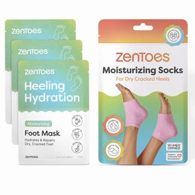 ZenToes Foot Care Bundle – Moisturizing Foot Masks with Shea Butter and Jojoba Oil (3 Pairs)   Hydrating Heel Socks with Vitamin E and Olive Oil (Fuzzy Pink, Regular Size)