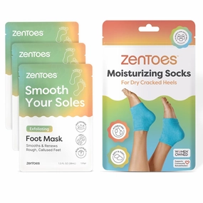 ZenToes Foot Care Kit – Exfoliating Foot Mask for Dry Cracked Feet with Urea, Niacinamide & Rose Extract (3 Pairs)   Hydrating Heel Socks with Vitamin E and Olive Oil (Fuzzy Blue)