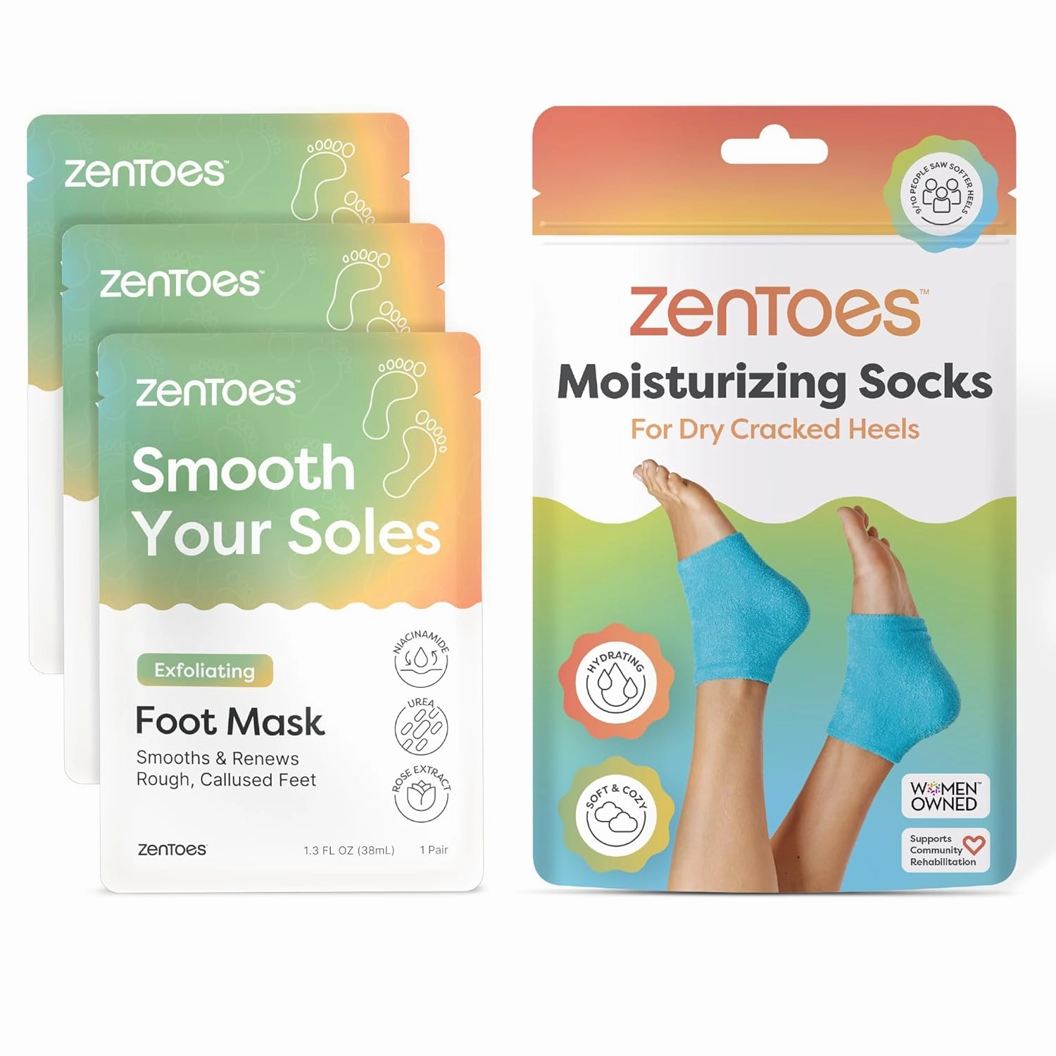 ZenToes Foot Care Kit – Exfoliating Foot Mask for Dry Cracked Feet with Urea, Niacinamide & Rose Extract (3 Pairs)   Hydrating Heel Socks with Vitamin E and Olive Oil (Fuzzy Blue)