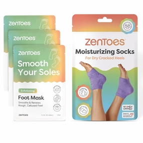ZenToes Foot Care Kit – Exfoliating Foot Mask for Dry Cracked Feet with Urea, Niacinamide & Rose Extract (3 Pairs)   Hydrating Heel Socks with Vitamin E and Olive Oil (Fuzzy Lilac)