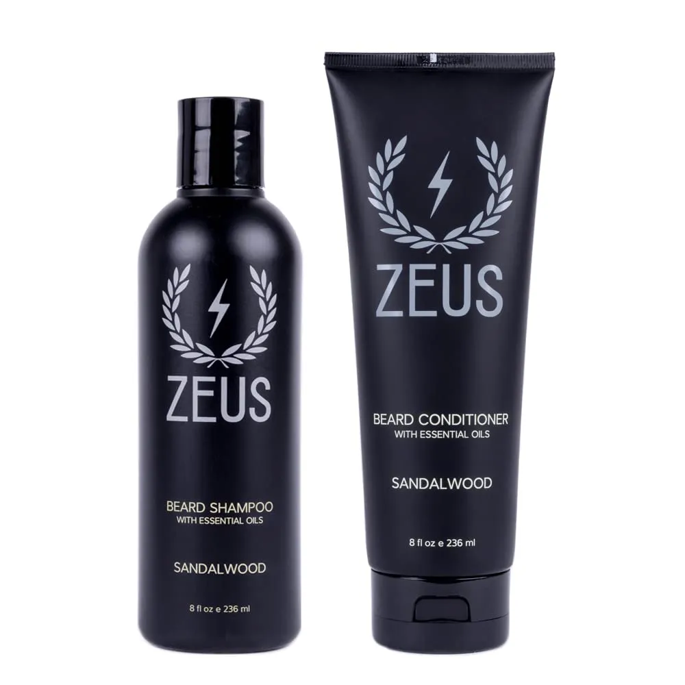 ZEUS Beard Wash & Beard Conditioner Set with Green Tea for Men, Soften, Hydrates & Moisturizes - MADE IN USA (Sandalwood)