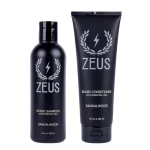 ZEUS Beard Wash & Beard Conditioner Set with Green Tea for Men, Soften, Hydrates & Moisturizes - MADE IN USA (Sandalwood)